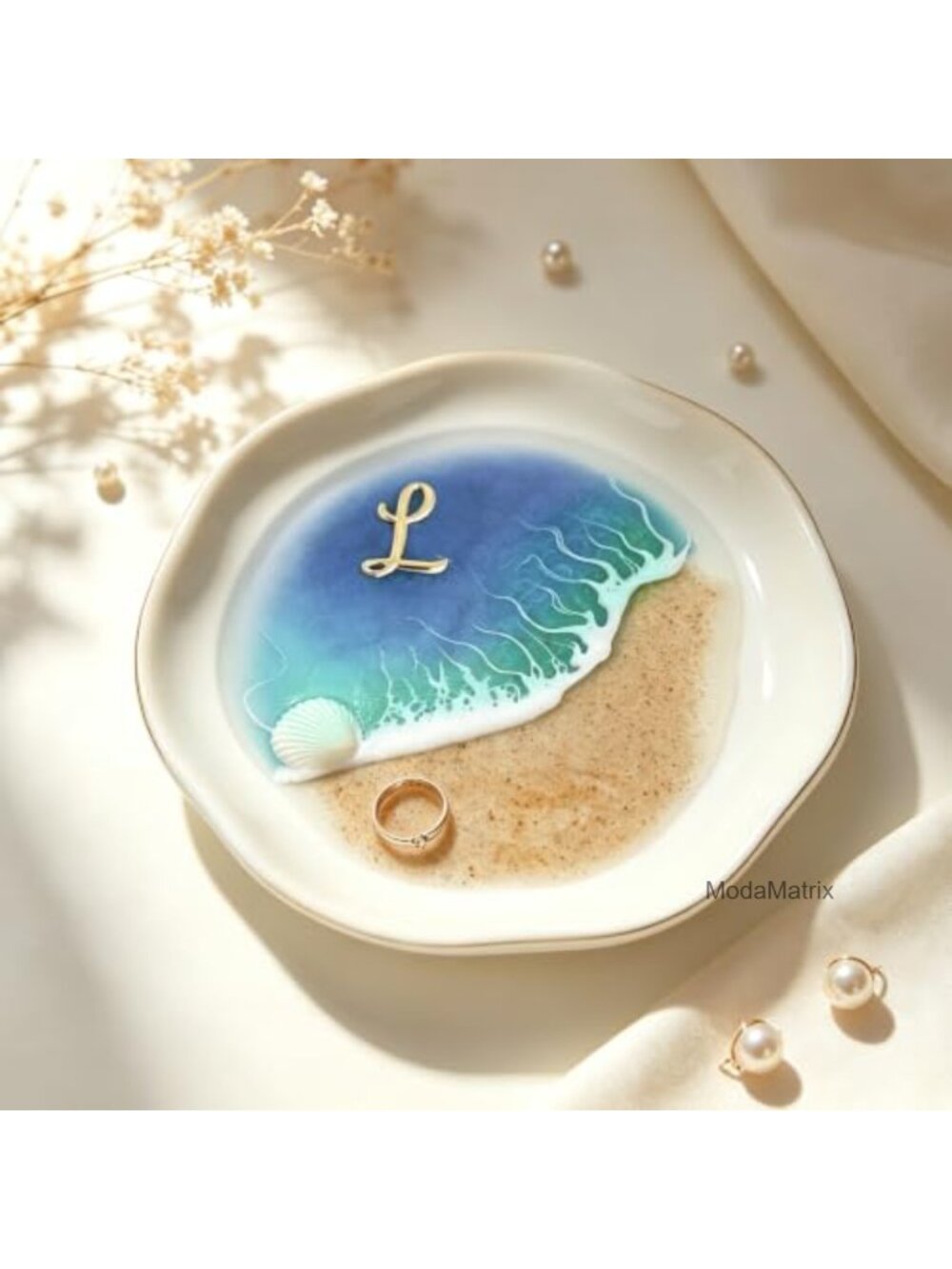 White Ceramic Jewelry Tray Gold Trim Ocean Resin Ring Dish Modern Trinket Holder